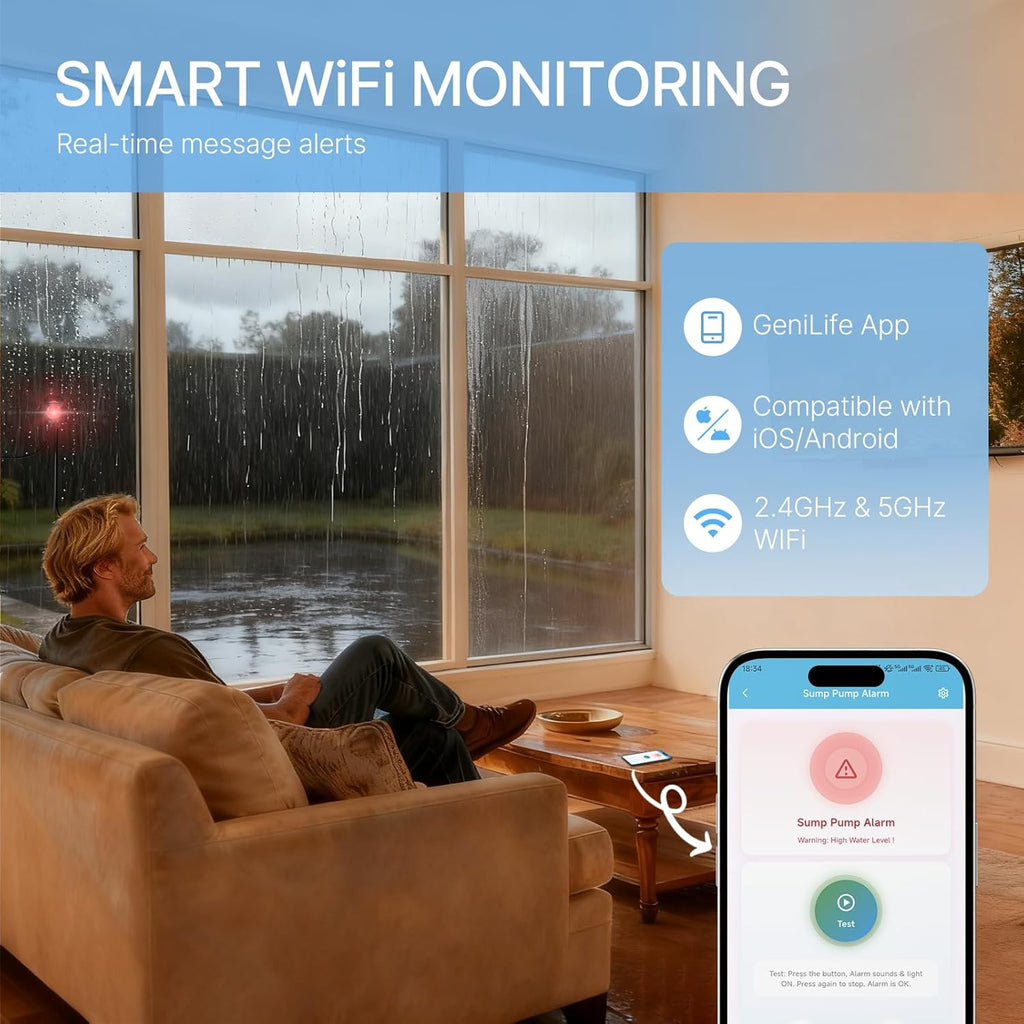 Smart WiFi Sump Pump Alarm, Briidea Indoor/Outdoor High Water Level Alarm, Supports APP Remote Monitoring, Equipped with 110dB Buzzer and LED Indicator, Ideal for Basements and Septic Sump Pump