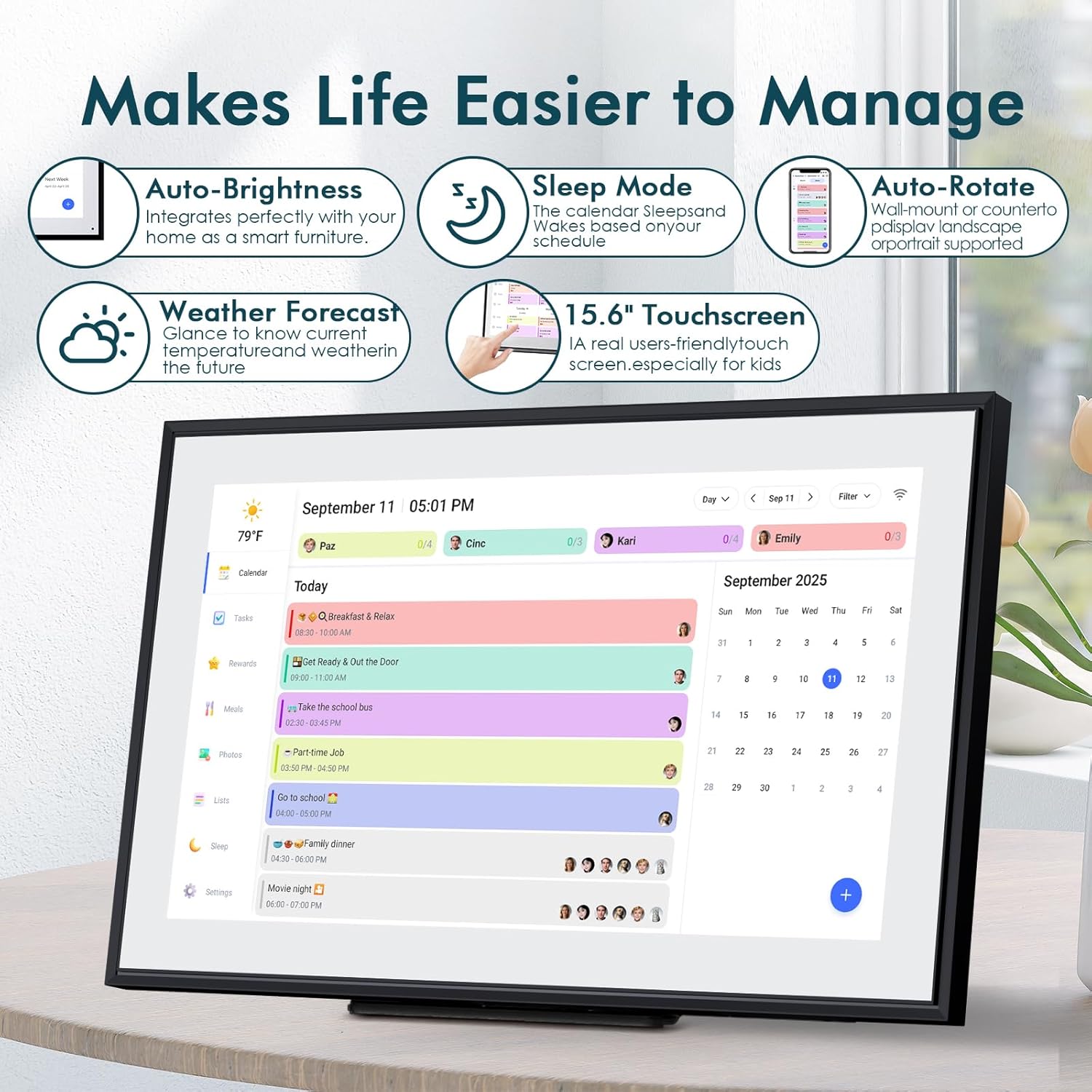 Digital Calendar 15.6 Inch Electronic Wall Calendar and Chore Chart 1920 * 1080P IPS Touchscreen Wall Smart Weekly and Monthly Planner for Family Meal Planning Gift for Women