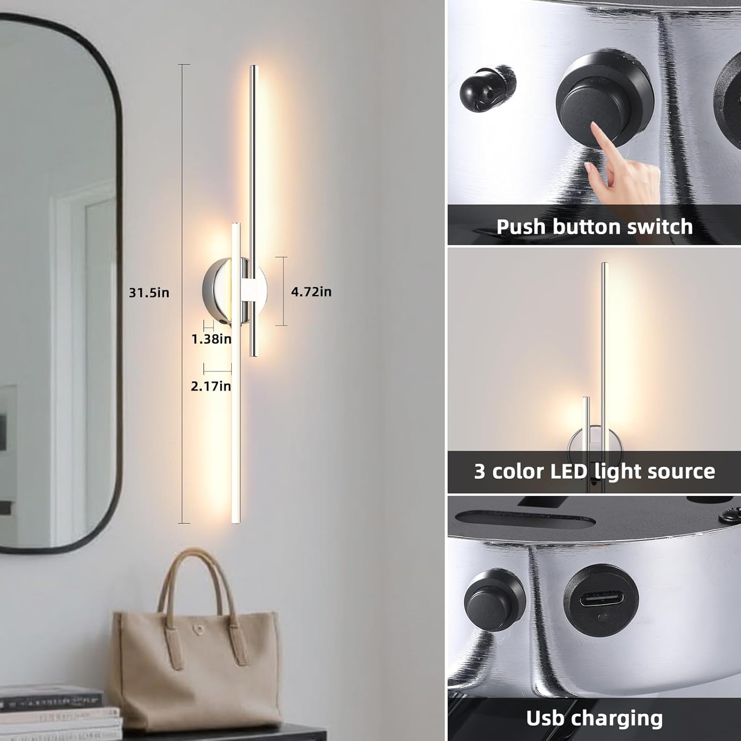 Wireless Battery Operated Wall Sconces with Remote, USB Rechargeable Led Wall Lights, 3000K-6000K Chrome wall sconces for Bedroom, Hallway, Living Room. Chrome 31.4-Inch Wall Light Set of Two