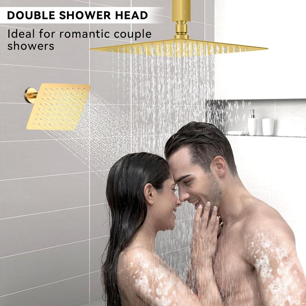 Brushed Gold Shower System, STARBATH Ceiling Mounted 12+8 Inch Rainfall Shower Head with 2 in 1 High Pressure Handhled, Can Use All at Once, Push Button Diverter Thermostatic Valve with Trim Kit