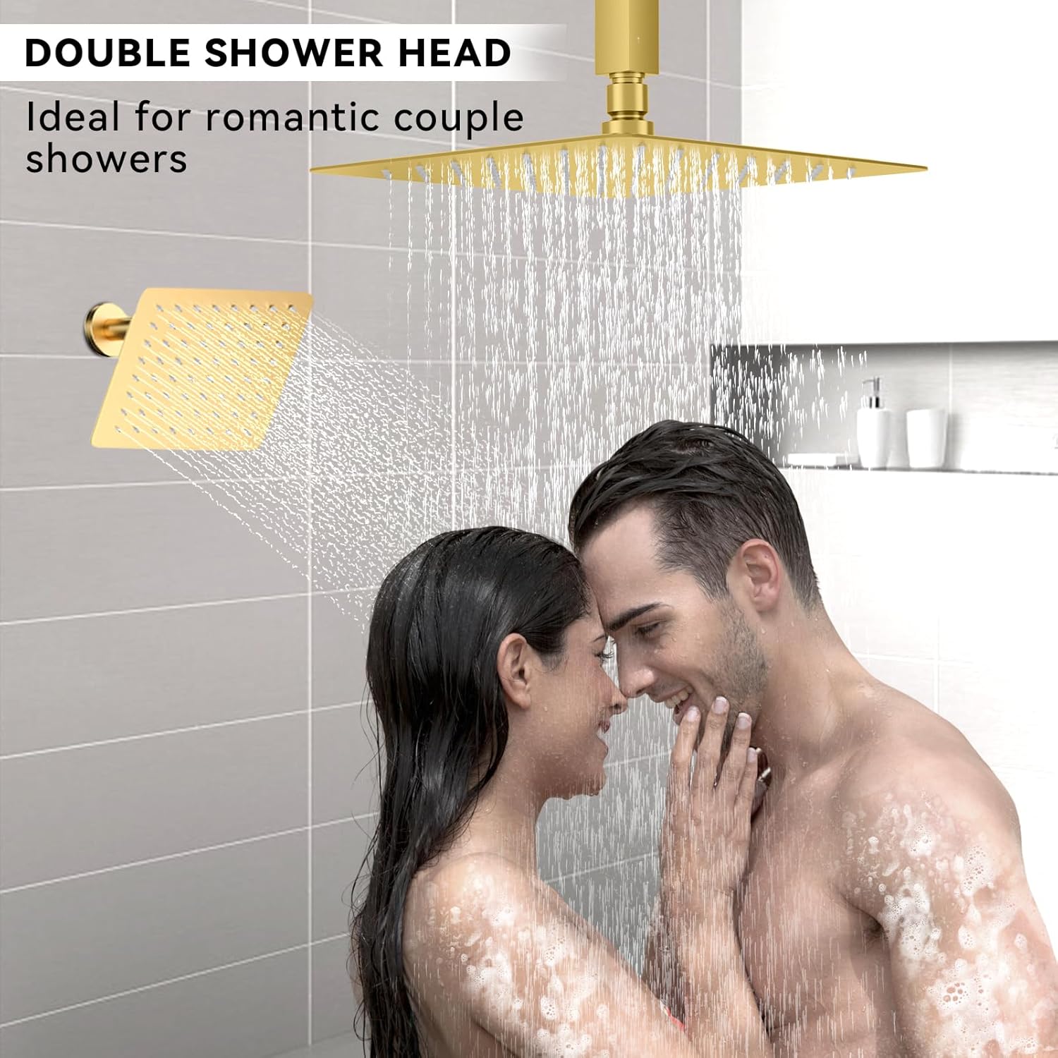 Brushed Gold Shower System, STARBATH Ceiling Mounted 12+8 Inch Rainfall Shower Head with 2 in 1 High Pressure Handhled, Can Use All at Once, Push Button Diverter Thermostatic Valve with Trim Kit