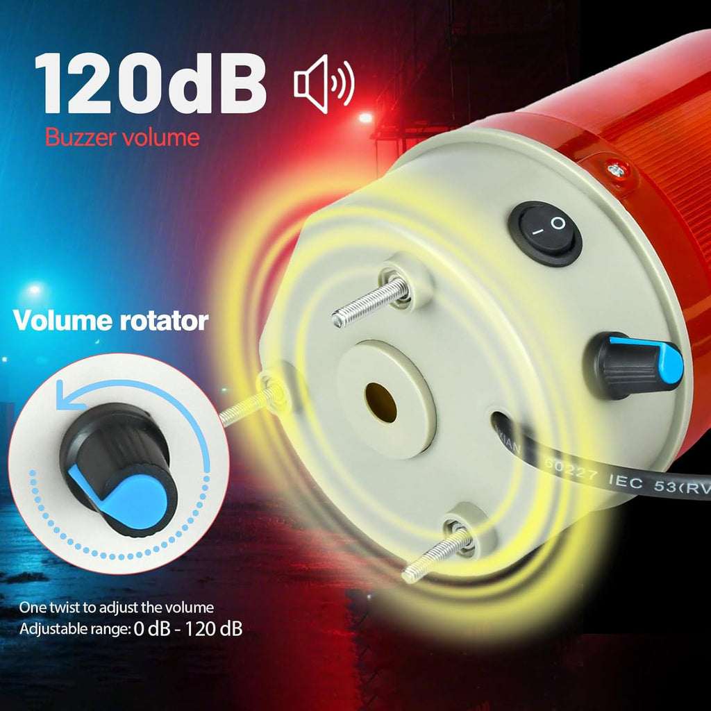 Industrial Warning Light LED Rotating 110V-120V AC Red for Public Emergency Alarms Indoor/Outdoor Safety Siren with Volume Adjustment and Buzzer