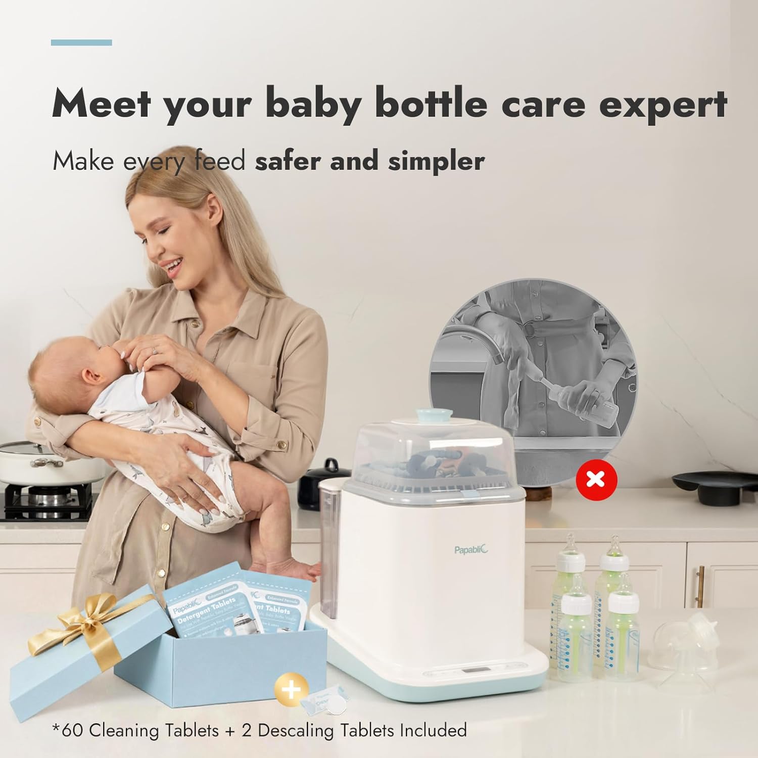 Papablic Bottle Washer Pro, Bottle Washer & Sterilizer & Dryer, 4-in-1 Bottle Washer Sanitizer for Bottles, Pump Parts, C-Section& Baby Essentials - Quick & Clean with 60 Detergent Tablets