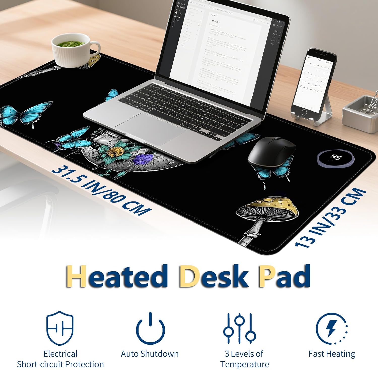 Heated Mouse Pad with 3 Temperature Settings(104°F–122°F),Large 31.5x13 Inch PU Leather Heated Desk Mat,Waterproof Warming Pad for Office,Gaming & Cold Hands Relief,Skeleton Moon Mushroom