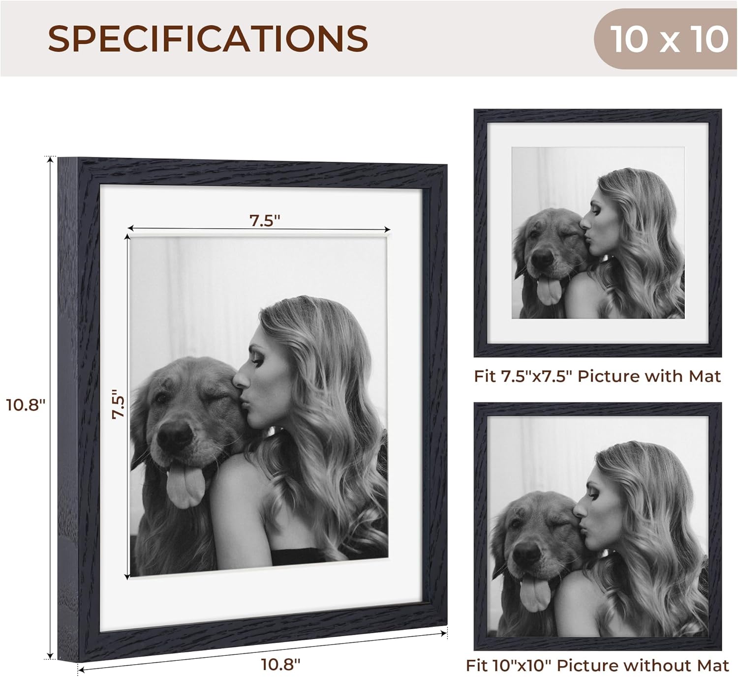 10x10 Picture Frame Set of 2, Solid Oak Wood Frame 10 x 10, 10 by 10 Wood Frames for Wall, 10x10 Picture Frame with Mat for 8x8, Square 10"x10" Photo Frames Real Glass, Black Color, 2 Pack