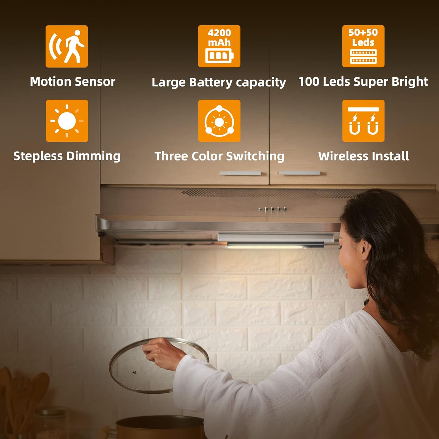 Motion Sensor Cabinet Light 4 Pack- 4200 mAh Battery Operated Rechargeable Closet Lights - Extra-Bright Under Cabinet Lights - Wireless Indoor LED Light Strip - Motion Activated Lighting
