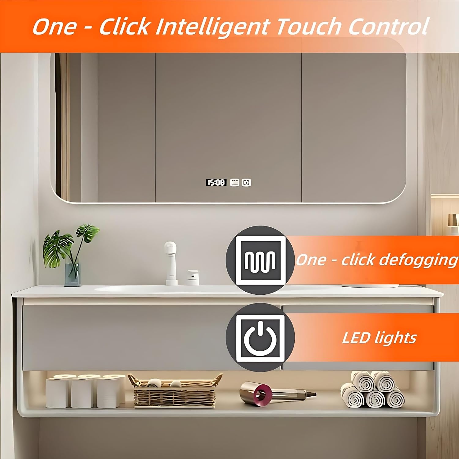 68IN Grey Bathroom Vanity Set - Floating Bathroom Vanity with Single Sink | Including LED Smart Defogging Mirror Cabinet & Time Display Function, Equipped with Motion Sensing Light Strip (Style A)