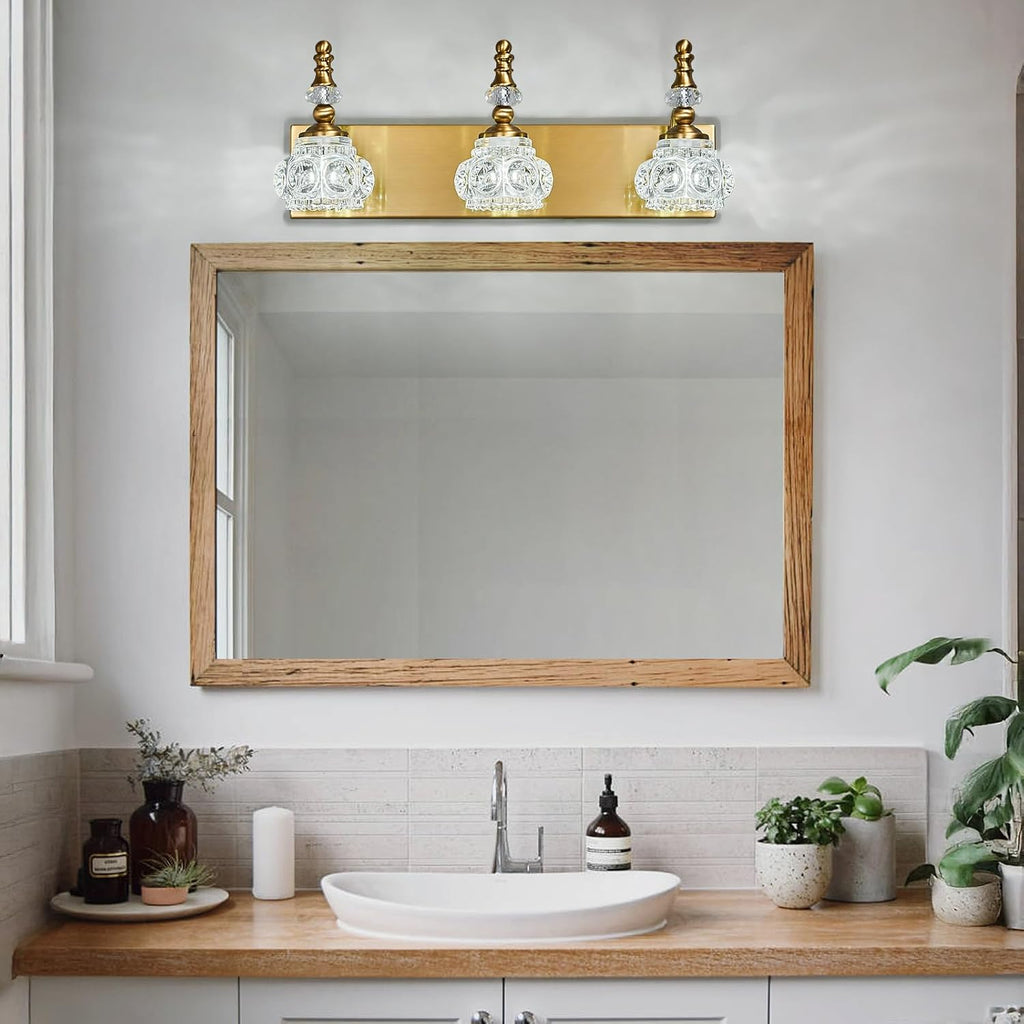 Modern Glass Crystal Vanity Light - Vintage Bathroom Lighting Fixtures Over Mirror, 3 Light Vanity Lights G9 Bulb (19.68 Inch, Gold)