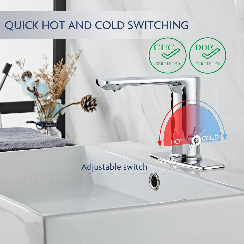 Quick Install Sink Chrome Motion Sensor Faucet.Touchless Mixer with Water Efficiency CEC.DOE Certified.NO Wiring Needded