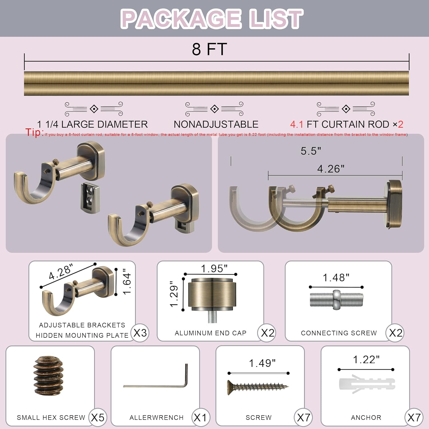 Heavy Duty Curtain Rods,1 1/4" Large Diameter Premium Nonadjustable Curtain Rod,96in/8ft Custom Window Treatment Rods with Durable Aluminum Brackets and End Caps,Antique Bronze Finish