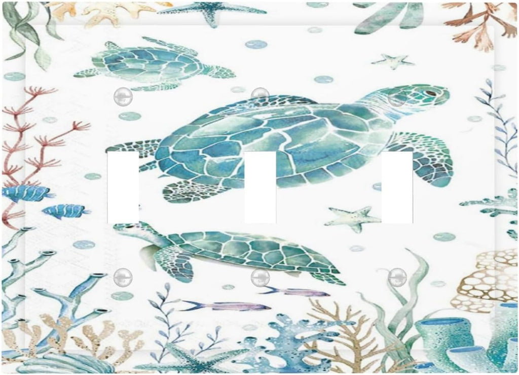Sea Turtle Ocean Starfish Fish Coral Pearl Decorative Switch Plates 3 Gang Wall Plate Triple Toggle Light Switch Cover Faceplate Electrical Wall Panels for Bathroom Kids Room Decor