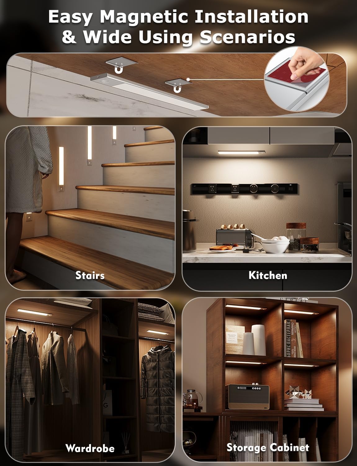 12" Ultra-Thin Under Cabinet Lighting Wireless, Aluminum Alloy Under Counter Lights for Kitchen, 3-Color-Temps Magnetic Closet Lights, Rechargeable Motion Sensor Light Indoor (8 Pack, Silver)