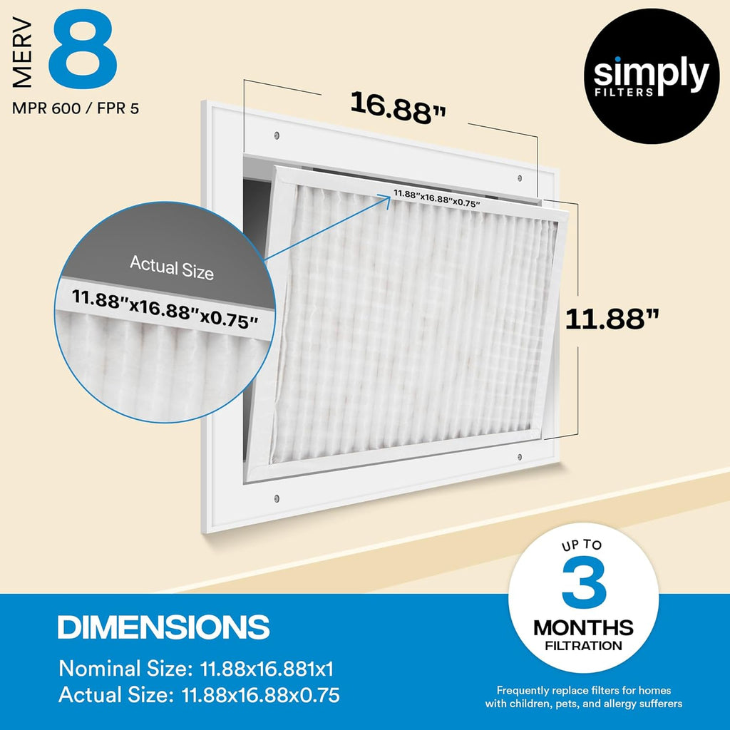 Simply 12x16x1 Air Filter, Merv 8, 6 Pack, For Home AC Furnace & HVAC (Actual Size: 11.75"x15.75"x0.75") DUST, Pet, & Allergy Control
