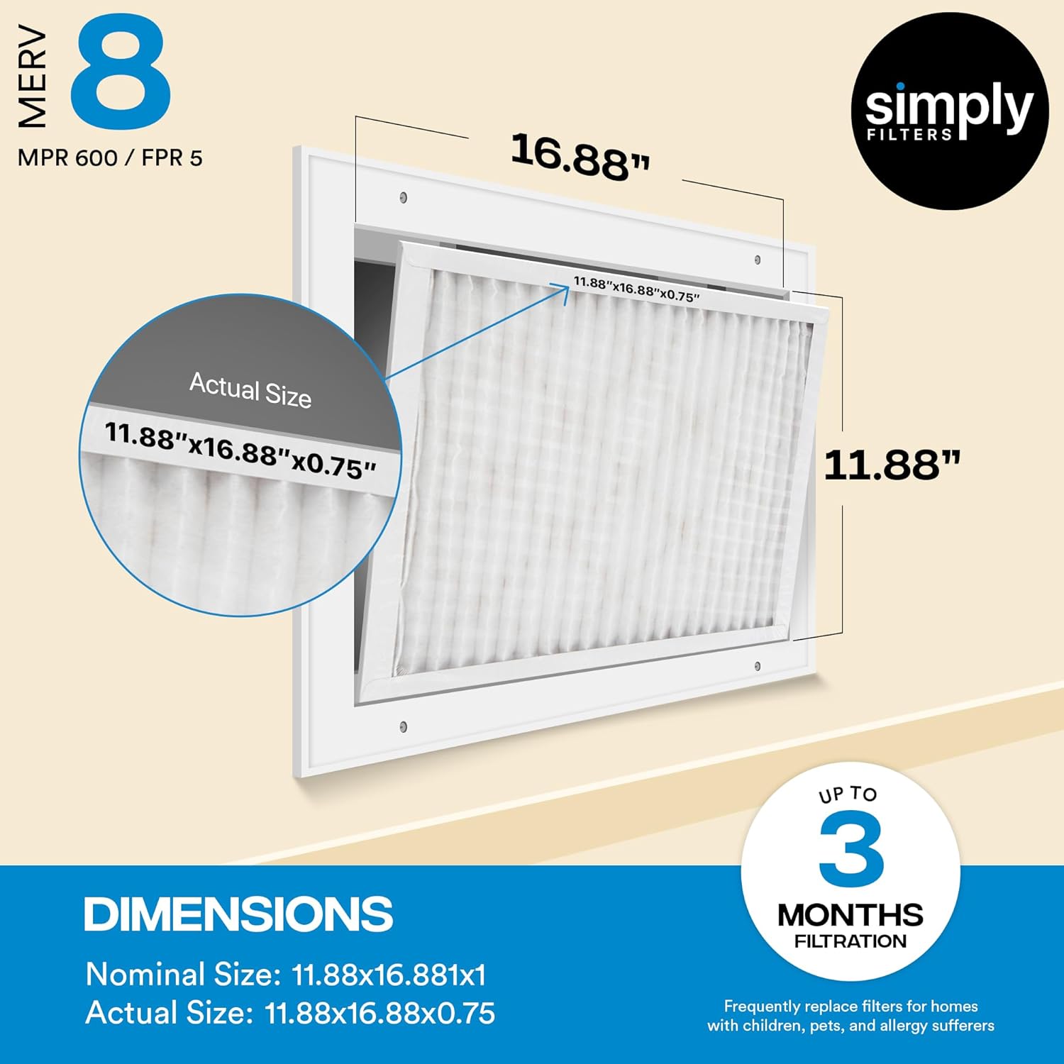 Simply 12x16x1 Air Filter, Merv 8, 6 Pack, For Home AC Furnace & HVAC (Actual Size: 11.75"x15.75"x0.75") DUST, Pet, & Allergy Control