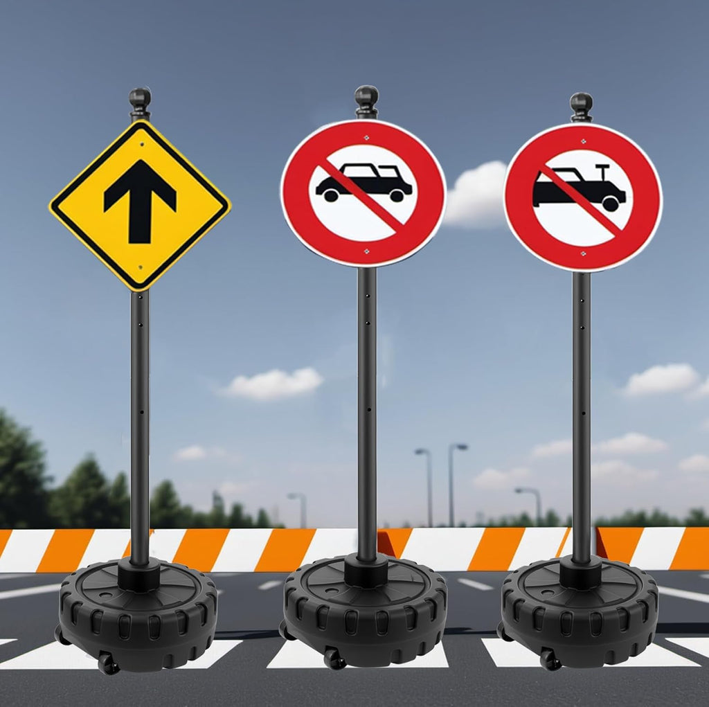 Portable Sign Post and Base Kit, 5 ft Heavy Duty Cast Iron Sign Pole with Hard Plastic Wheeled Base, Movable Signs Stand Easy to Use Portable Sign Holder for Traffic, Parking, and Safety Signs 2 Pack