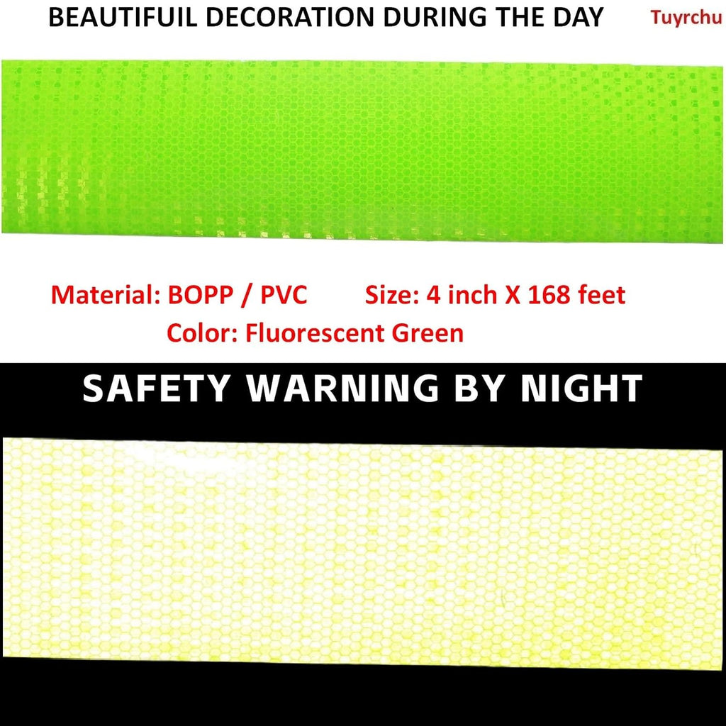 Fluorescent Green Reflective Tape 4 inch Wide, Outdoor Waterproof Safety Adhesive Stickers, High Visibility Industrial Marking Tape (168 feet)