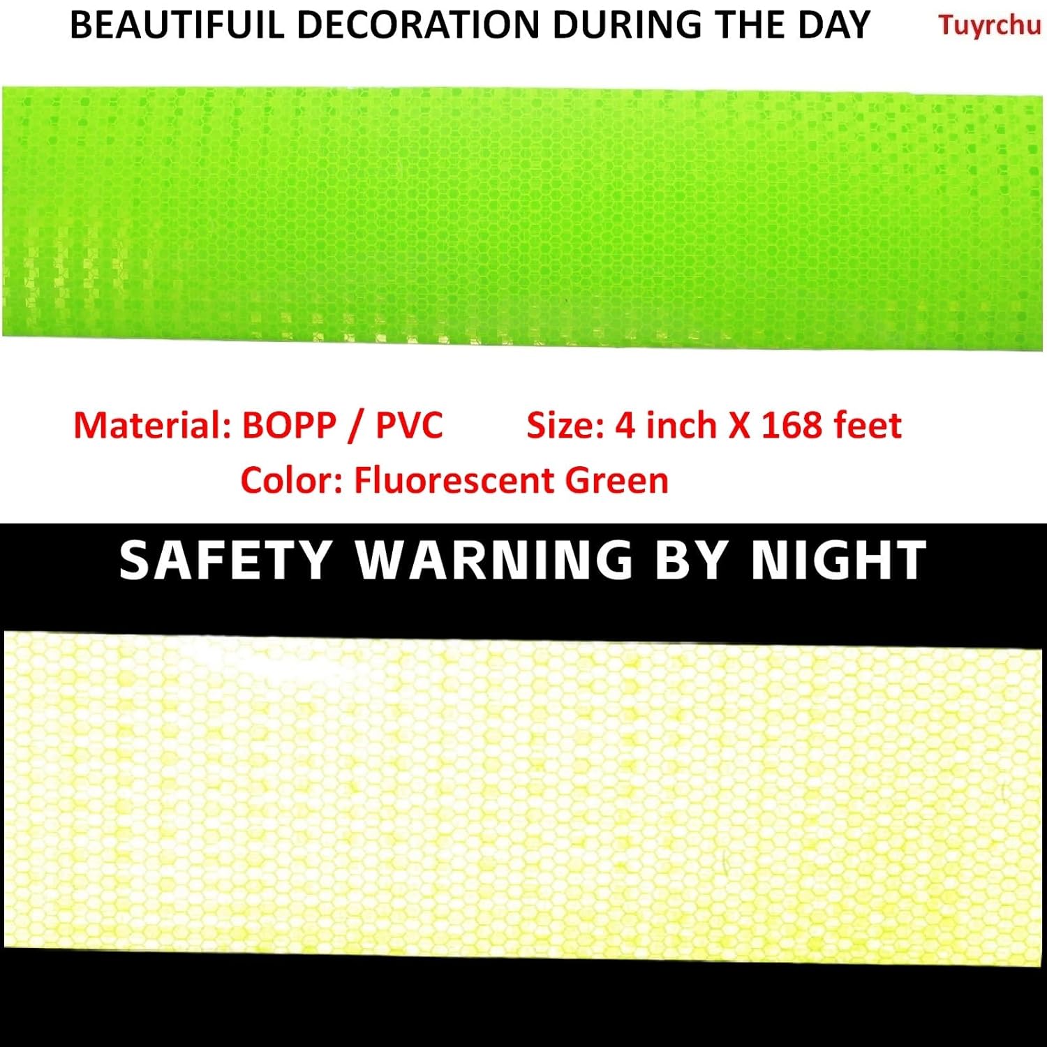 Fluorescent Green Reflective Tape 4 inch Wide, Outdoor Waterproof Safety Adhesive Stickers, High Visibility Industrial Marking Tape (168 feet)