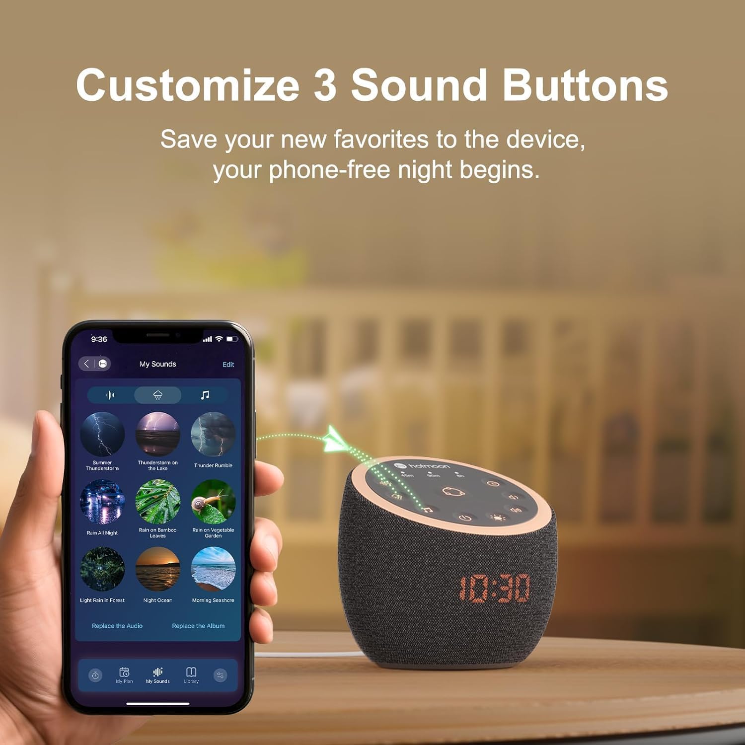 Hotmoon Sound Machine, Cocoon Pro 2 White Noise Machine for Sleeping Adults, 388 Non Looping Sounds & Sleep Timer, Smart App Control Night Light, Nature Sound Pink Green Brown Noise Maker, Plug in