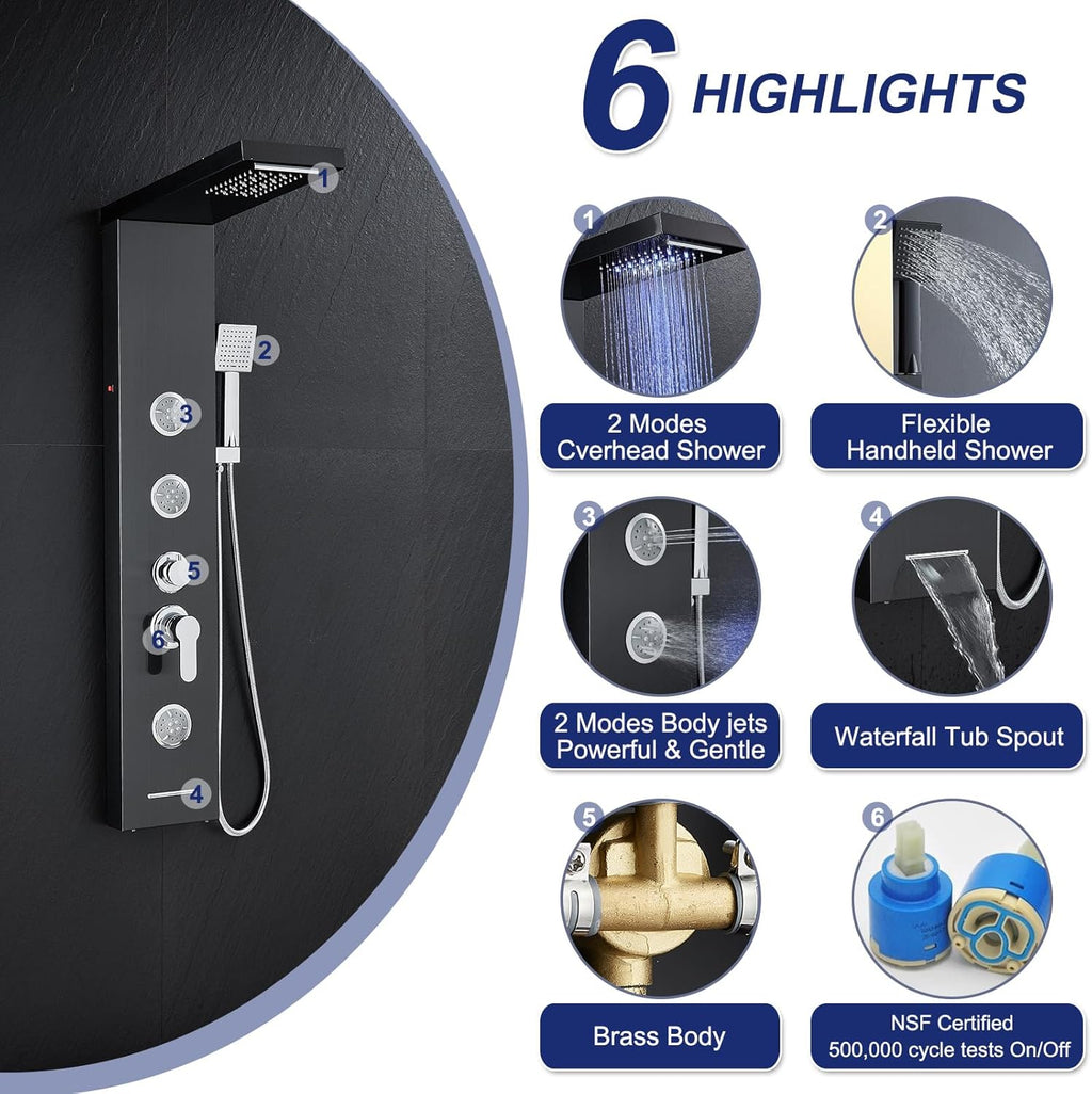 ROVATE LED Shower Panel Tower System with Rainfall Waterfall Shower, Black Shower Tower with Jets and Rainfall and Handheld, 5 in 1 Stainless Steel Shower Column High Pressure with Tub Spout