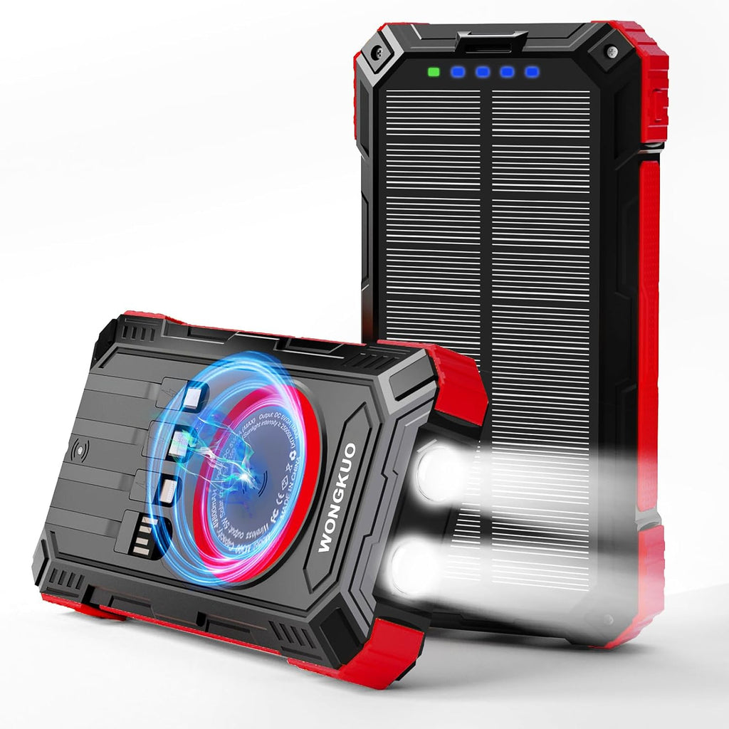 WONGKUO Solar Charger Power Bank - 49800mAh Solar Phone Charger with USB-C in/Output, QC 3.0 Fast Charging with LED Flashlight, Built-in 4 Cables, IP65 Waterproof Fits for Outdoor (Brilliant Red)