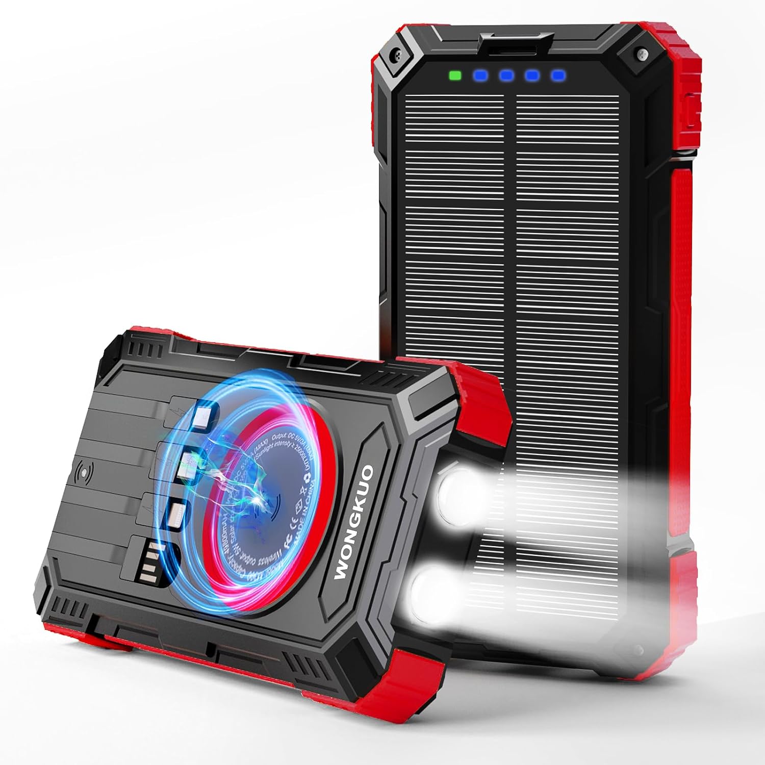 WONGKUO Solar Charger Power Bank - 49800mAh Solar Phone Charger with USB-C in/Output, QC 3.0 Fast Charging with LED Flashlight, Built-in 4 Cables, IP65 Waterproof Fits for Outdoor (Brilliant Red)