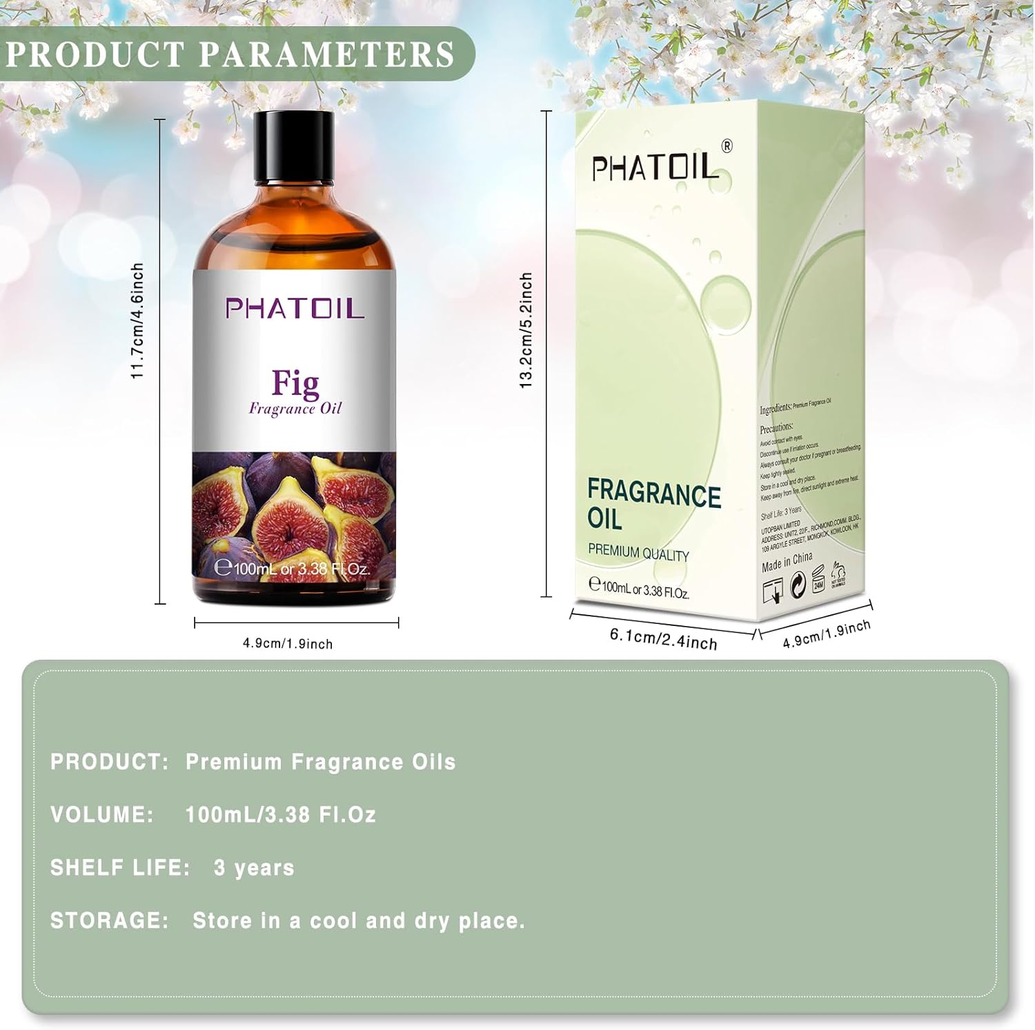 PHATOIL 3.38FL.OZ Fig Fragrance Oils for Aromatherapy, Essential Oils for Diffusers for Home, Perfect for Diffuser, Yoga, Skin Care, DIY Candle and Soap Making - 100ml