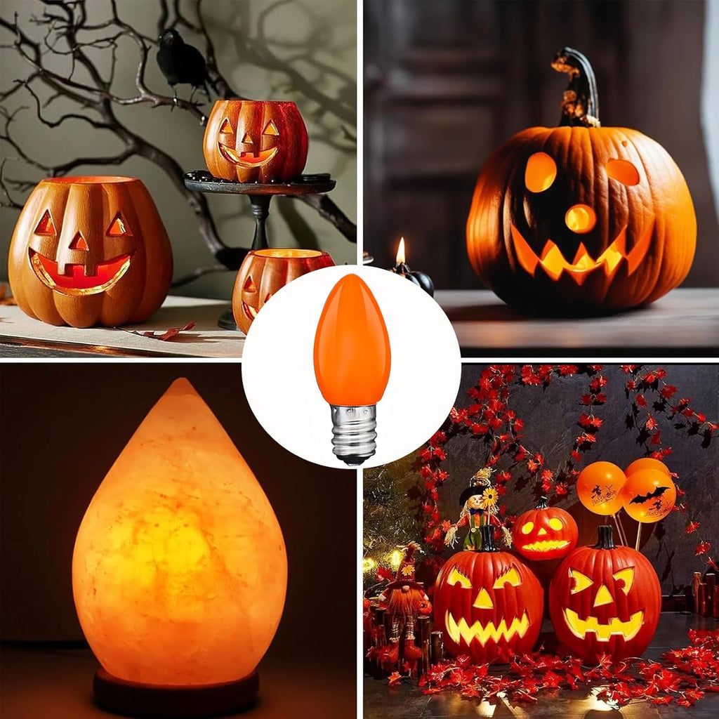 C7 Orange LED Light Bulbs, 25-Pack E12 Base, Halloween & Outdoor String Lights, Waterproof, Energy-Efficient Night Light Bulbs, Replacement Bulbs for Porch, Patio, Yard & Holiday Decor