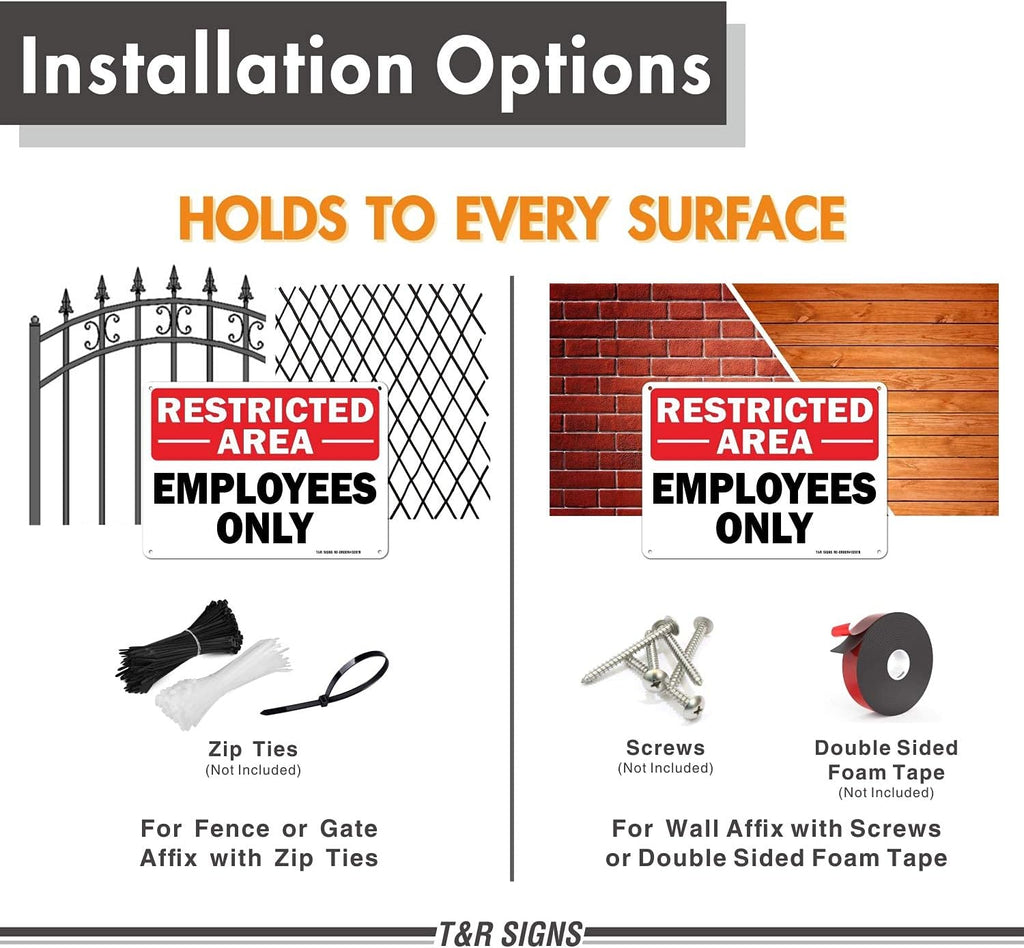 Restricted Area Sign Employees Only Sign - 2 Pack - 10 x 7 Inches Rust Free .040 Aluminum - UV Protected, Waterproof, Weatherproof and Fade Resistant - 4 Pre-drilled Holes