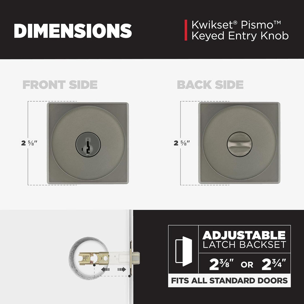 Kwikset Pismo Entry Door Knob with Lock and Key, Square Secure Keyed Handle Exterior Doorknob, Front Entrance and Bedroom, Gunmetal, Pick Resistant SmartKey Rekey Security