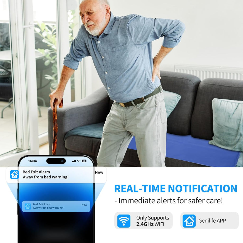Briidea Wi-Fi Bed Alarm & Fall Prevention System for Elderly, Wireless 20''×28'' Bed Pad with Instant App Alerts, 300ft Coverage, Ideal for Home Care