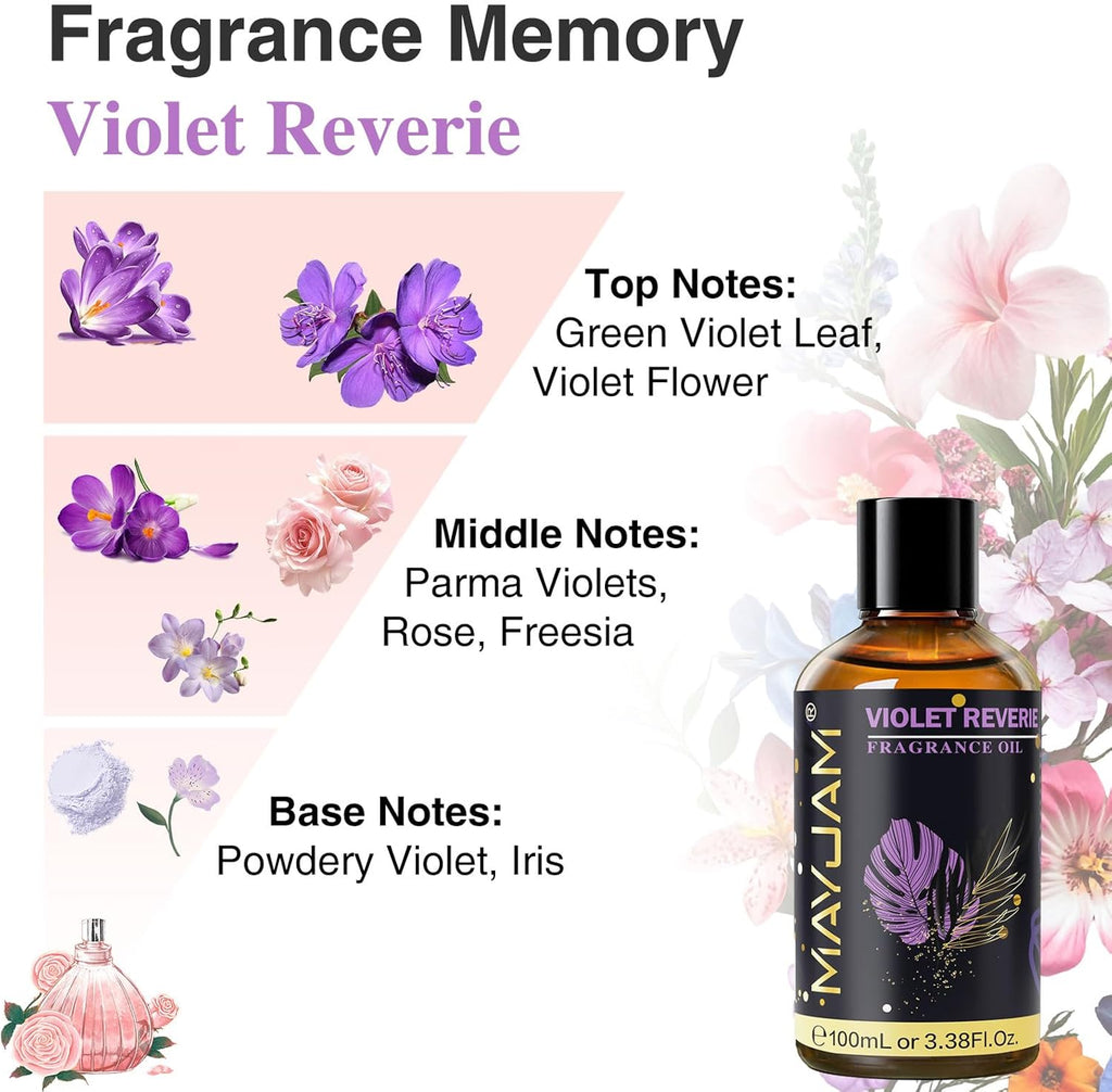 Violet Reverie Fragrance Oil Essential Oil, MAYJAM 3.38FL.OZ Violet Reverie Oil for Diffusers for Home, Long Lasting Scented Oils for Soap Candle Making - 100ML