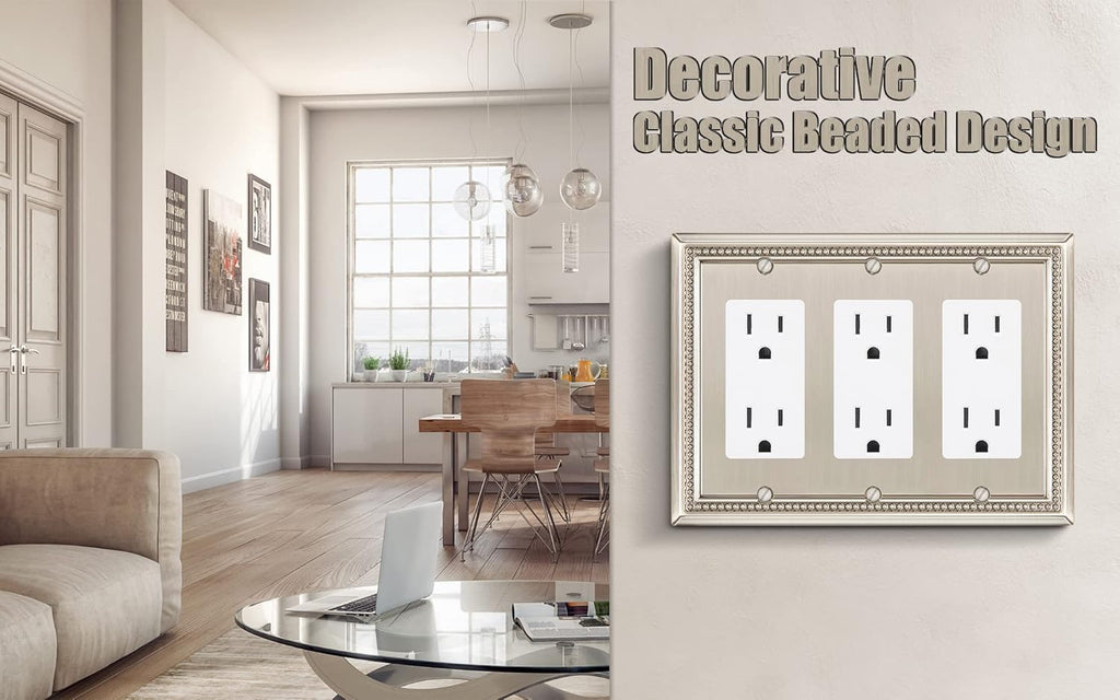 Henne Bery Sunken Pearls Heavy Duty Decorative Wall Plate Switch Plate Outlet Cover (Triple Decorator, Satin Nickel)