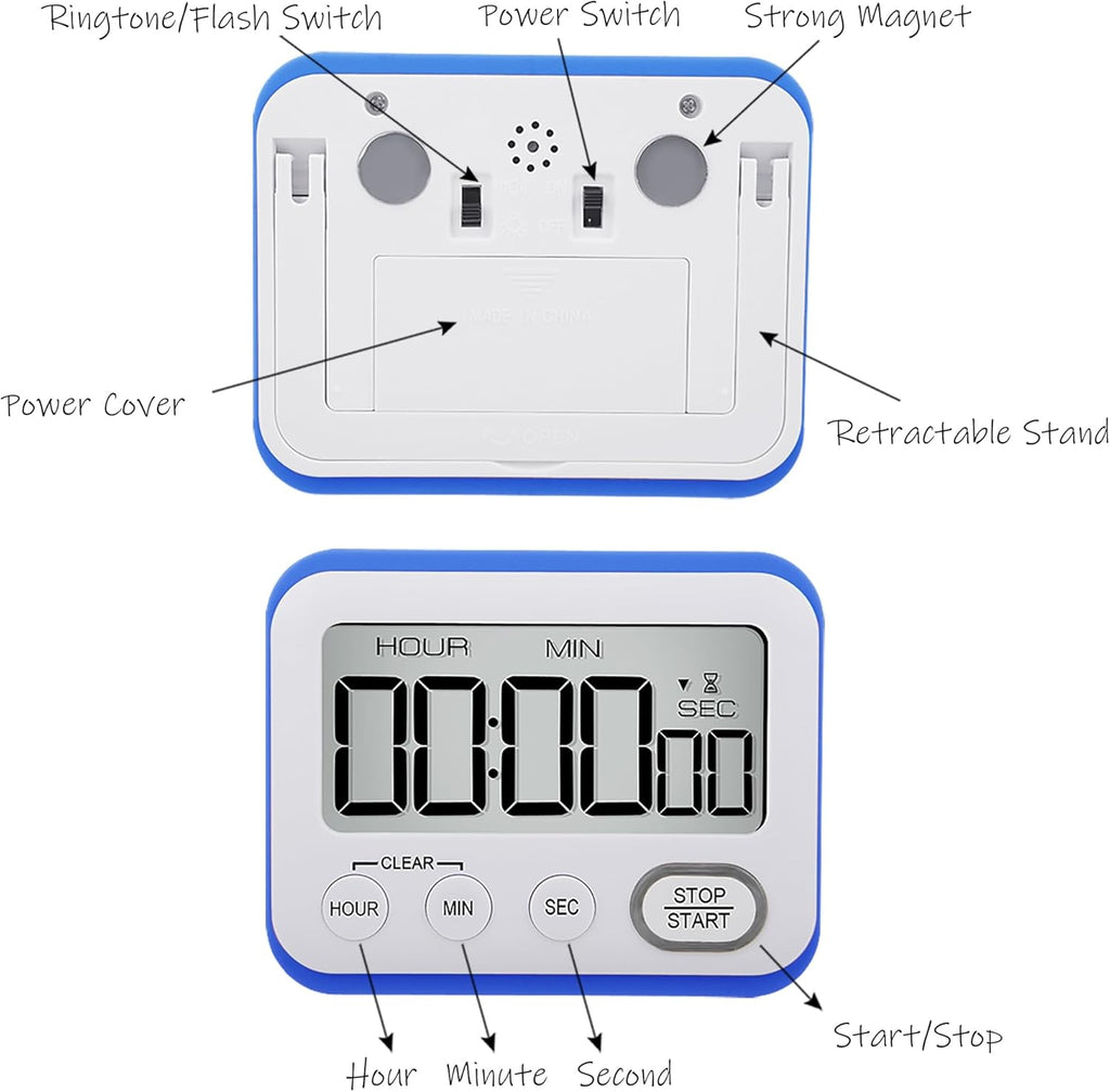 Digital Kitchen Timer Magnetic Loud Alarm, Large LCD Screen Silent/Beeping Multi-Function for Teachers Classroom Kids, Blue