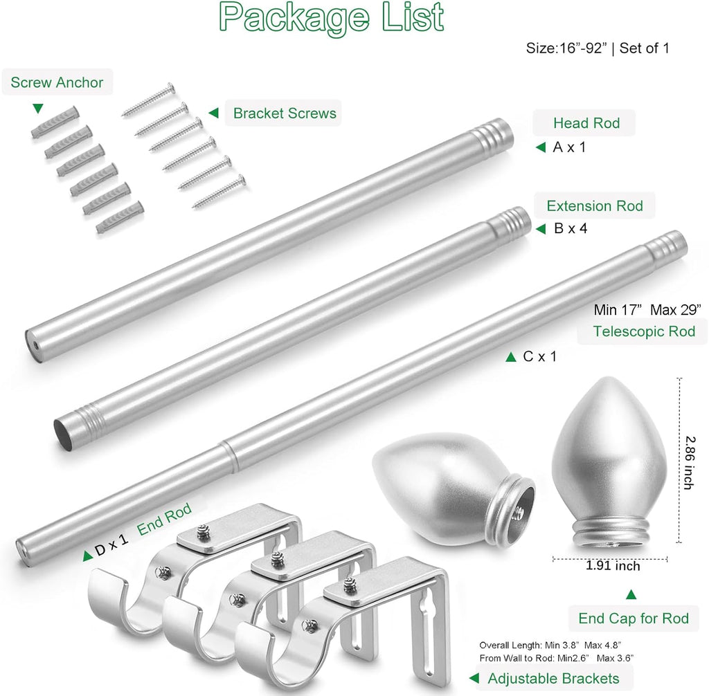 Curtain Rods for Windows 16 to 92 inches, Curtain Rod Max Adjustable Length to 104 in, Drapery Rod 1 inch Diameter with Modern Knobs Finials (Satin Silver, 16" to 92" - Set of 1)