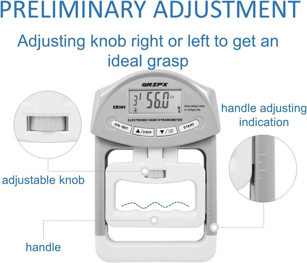 GRIPX Digital Hand Dynamometer Grip Strength Measurement Meter Auto Capturing Electronic Hand Grip Power 198Lbs / 90Kgs