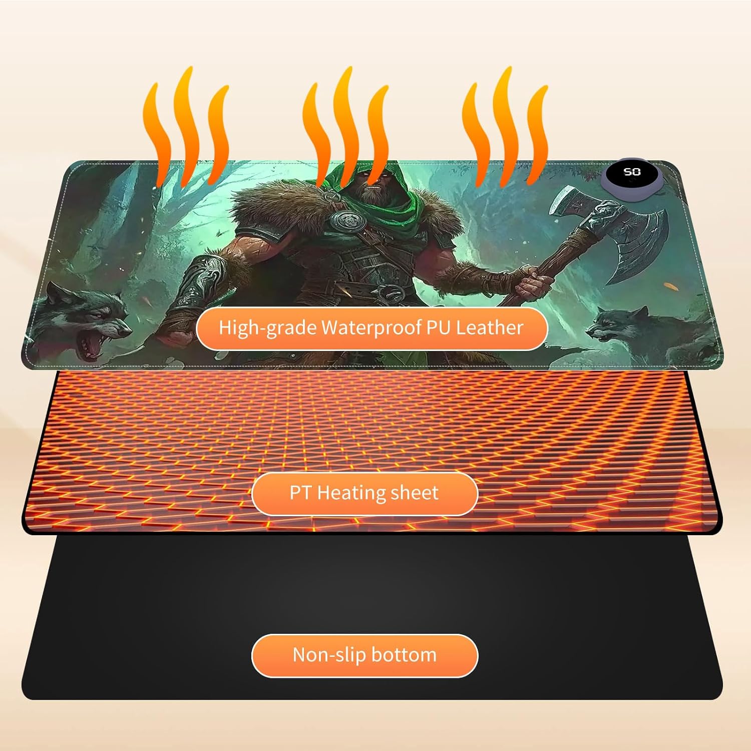 Small Heated Desk Pad 23.6" x 14.2" – Compact Electric Mouse Pad with 3 Heating Levels, Auto Shut-Off, Waterproof PU Surface, Plug-in Warmer for Office or Home Use, Wild Hunter