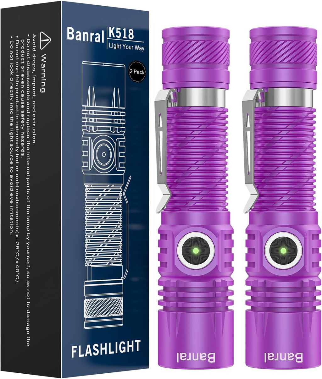 Rechargeable Tactical Flashlights, High Lumens Small Mini USB-C LED Flashlight, Compact EDC Flash Light, 4 Modes&Memory Function, Waterproof Pocket Lights for Home,Camping,Emergency (2, Purple)