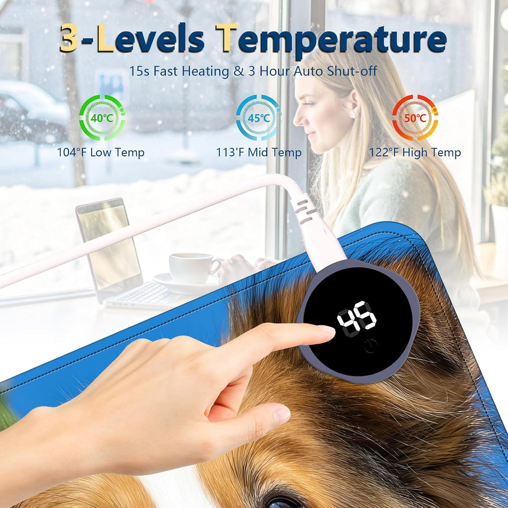 Heated Mouse Pad with 3 Temperature Settings(104°F–122°F),Large 31.5x13 Inch PU Leather Heated Desk Mat,Waterproof Warming Pad for Office,Gaming & Cold Hands Relief,Cute Dog
