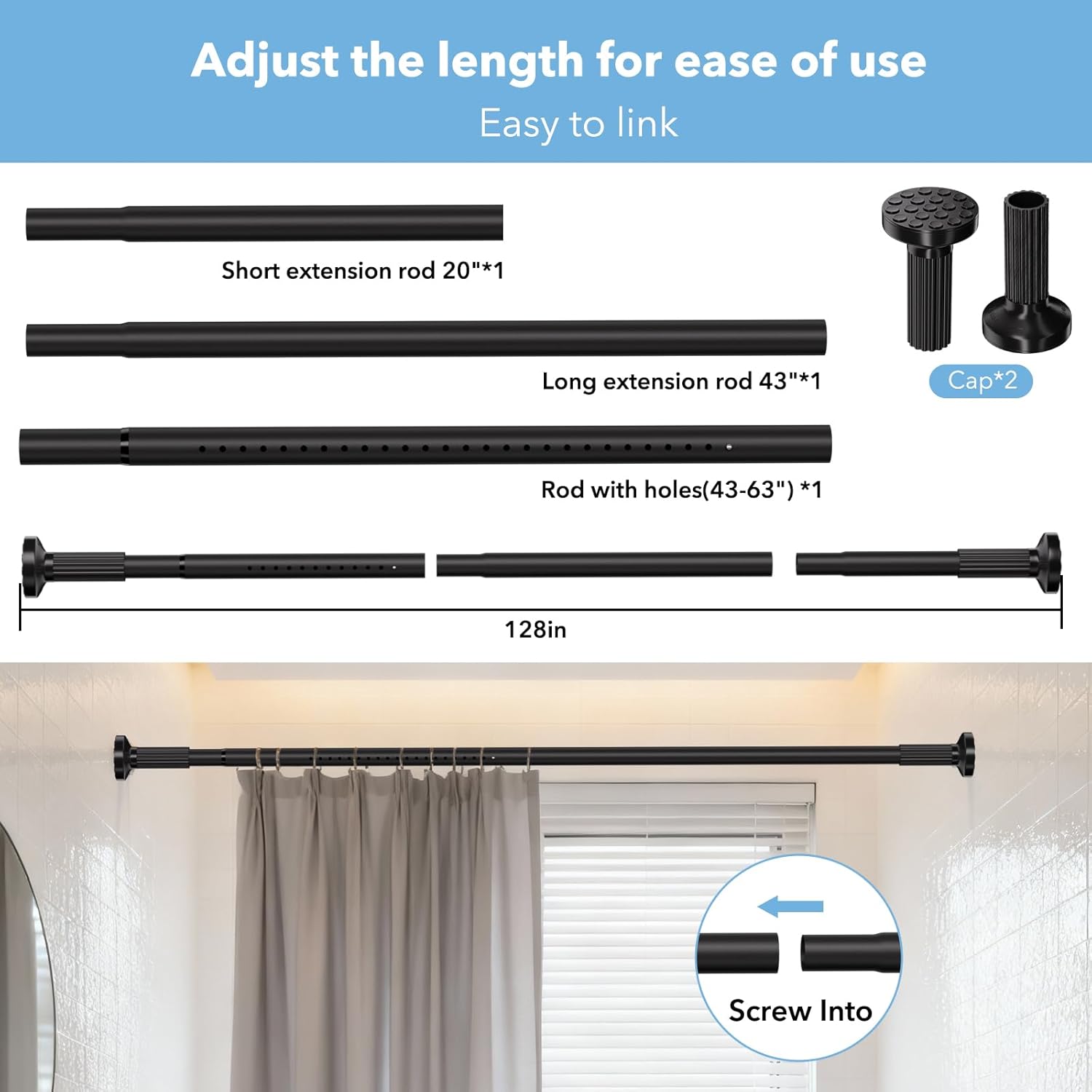 Tension Curtain Rod 51–128 In (4.25–10.67 ft),Extra Long Outdoor Curtain Rod for Window or Bathroom Patio,Easy to Install No Drilling Never Rust,Heavy Duty Adjustable Spring Shower Rod