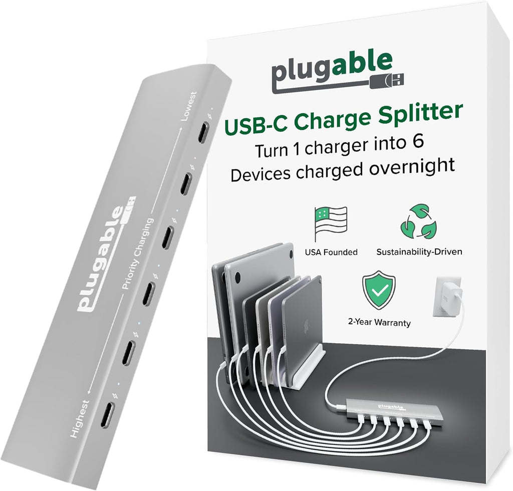 Plugable 6 Port USB C Charging Station, Up to 100W Charger for Multiple Devices with Priority Charging, Desktop Power Hub for USBC Devices Including Laptops Phones Tablets Earbuds and More (PS-6CC)