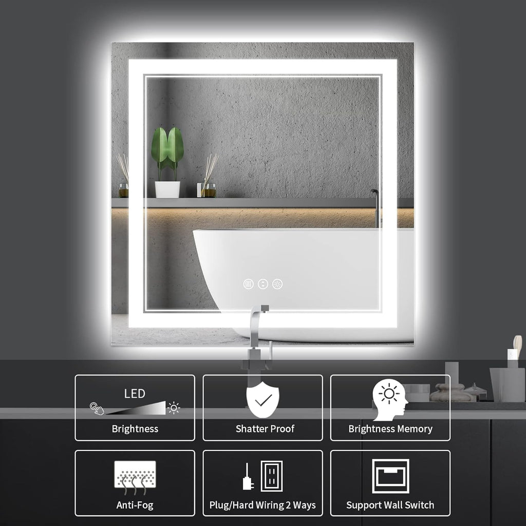 36 x 36 Inch Led Mirror for Bathroom, Backlit and Front Lighted Bathroom Vanity Mirror with Lights, Anti-Fog, 3 Colors Dimmable, Memory, Shatterproof Wall Led Mirror