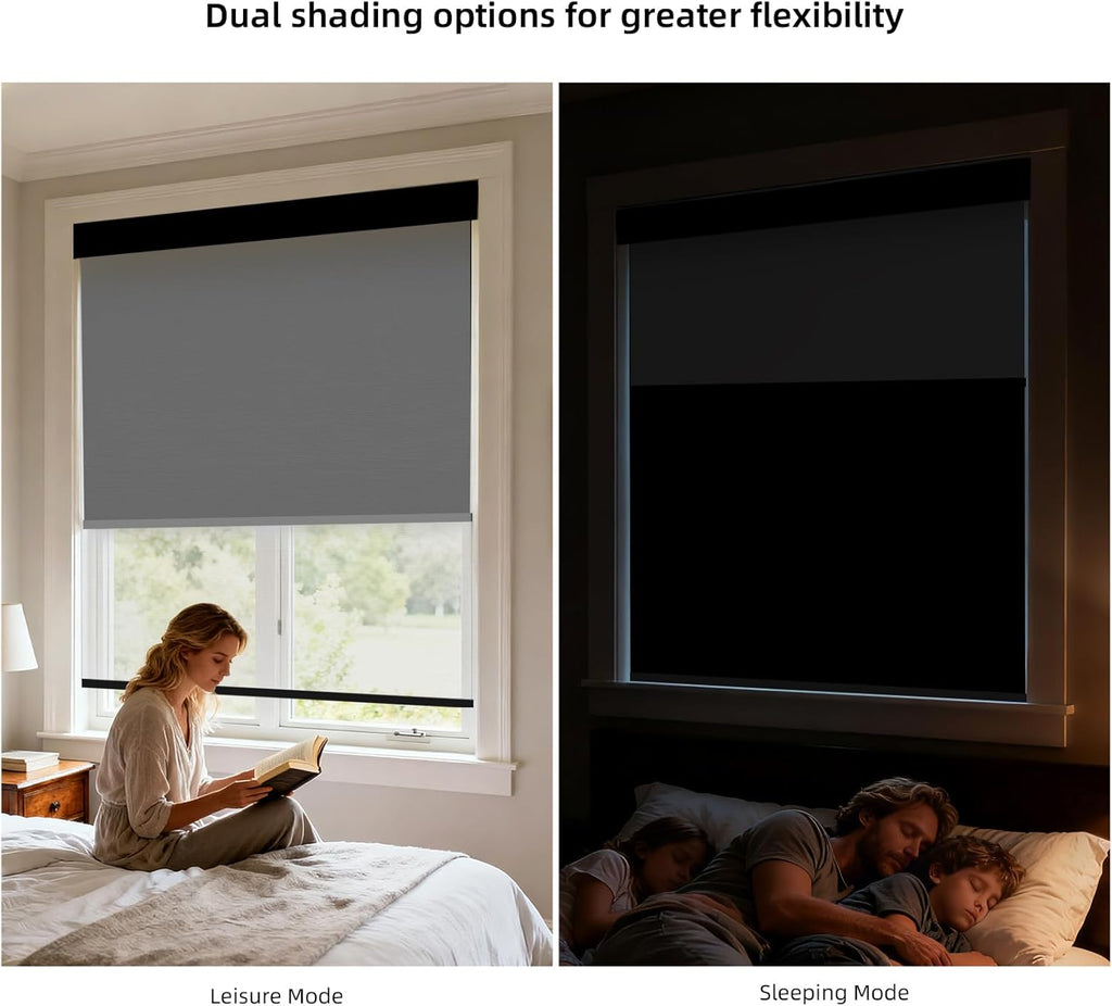 ZSTARR Motorized Day and Night Dual Smart Blind for Window with Valance Rechargeable Motor,Blackout Roller Shade Custom Size,with Valance Suitable for Home,Office (Full Blackout Pure Black)