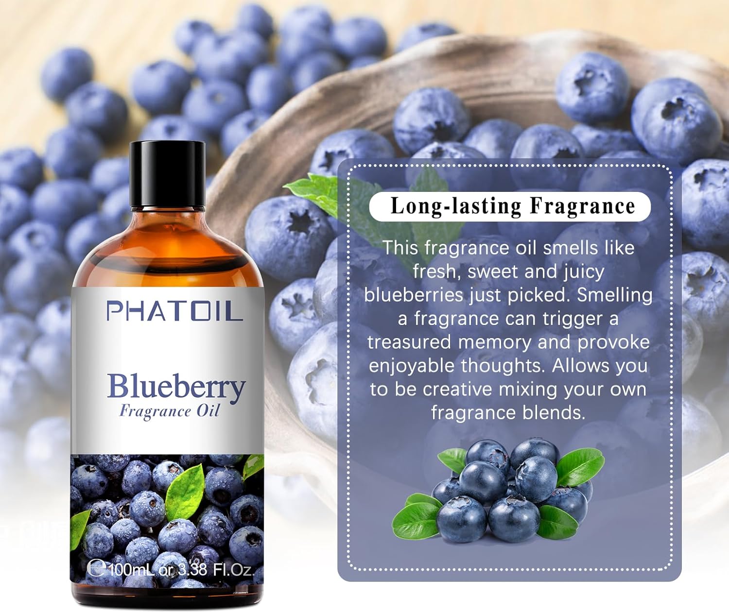 PHATOIL 3.38FL.OZ Blueberry Fragrance Oils for Aromatherapy, Essential Oils for Diffusers for Home, Perfect for Diffuser, Yoga, Skin Care, DIY Candle and Soap Making - 100ml