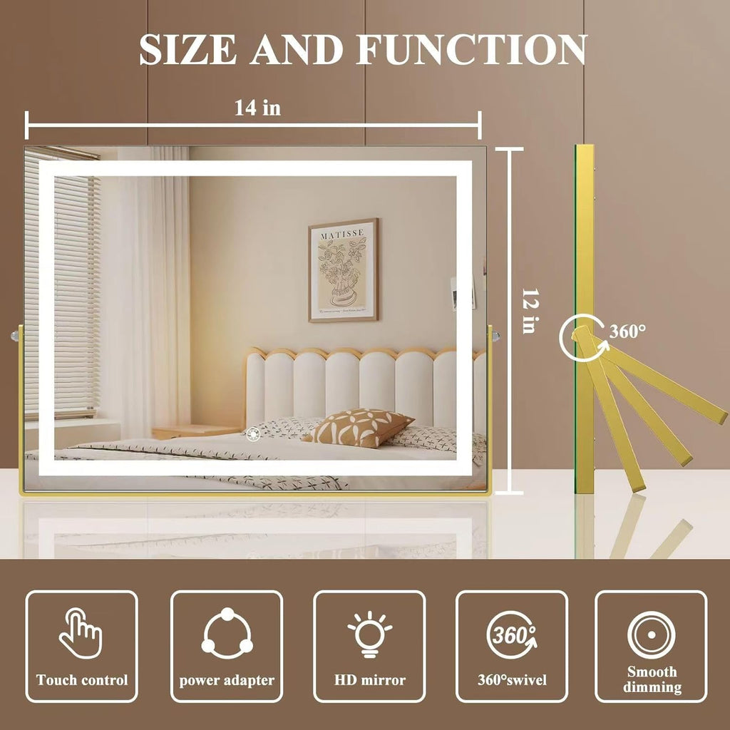 Ligheted Vanity Mirror with Lights, 14" x 12" LED Makeup Mirror, Hollywood Mirror,3 Modes Light, Smart Touch Control Dimmable, 360°Rotation, Rectangle Gold Frame