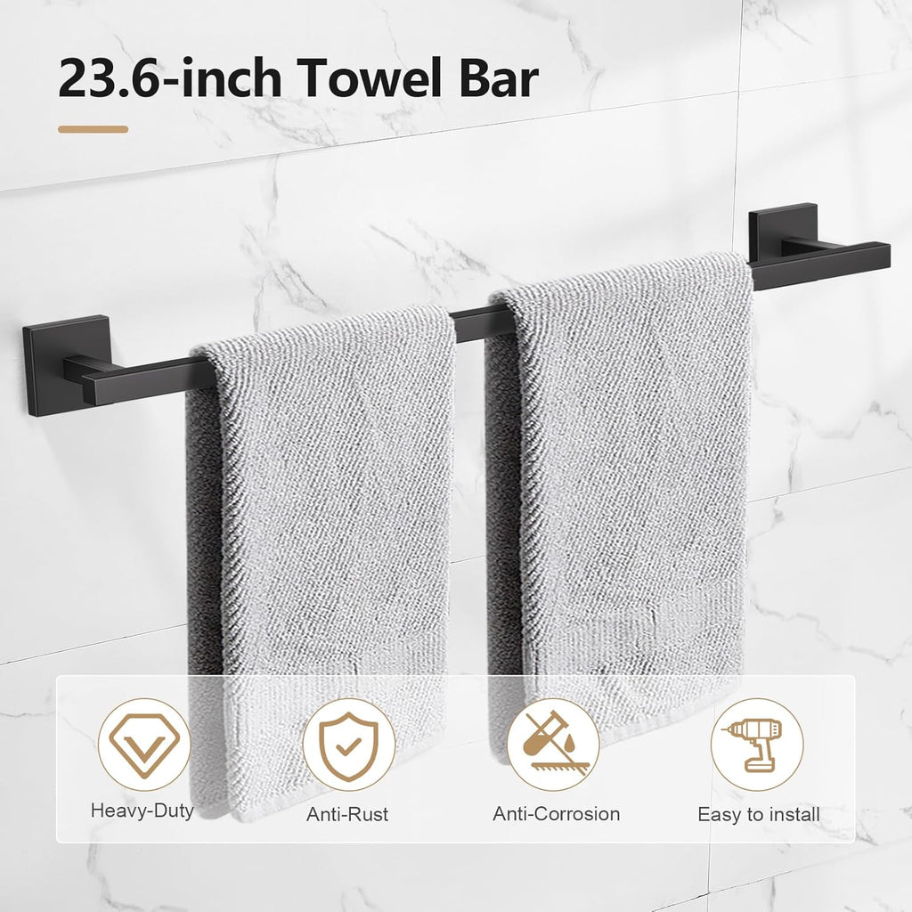TQKAG 5-Pieces Matte Black Bathroom Hardware Accessories Set 23.6" SUS304 Stainless Steel Towel Bar Set Wall Mounted Square Toilet Paper Holder with Shelf