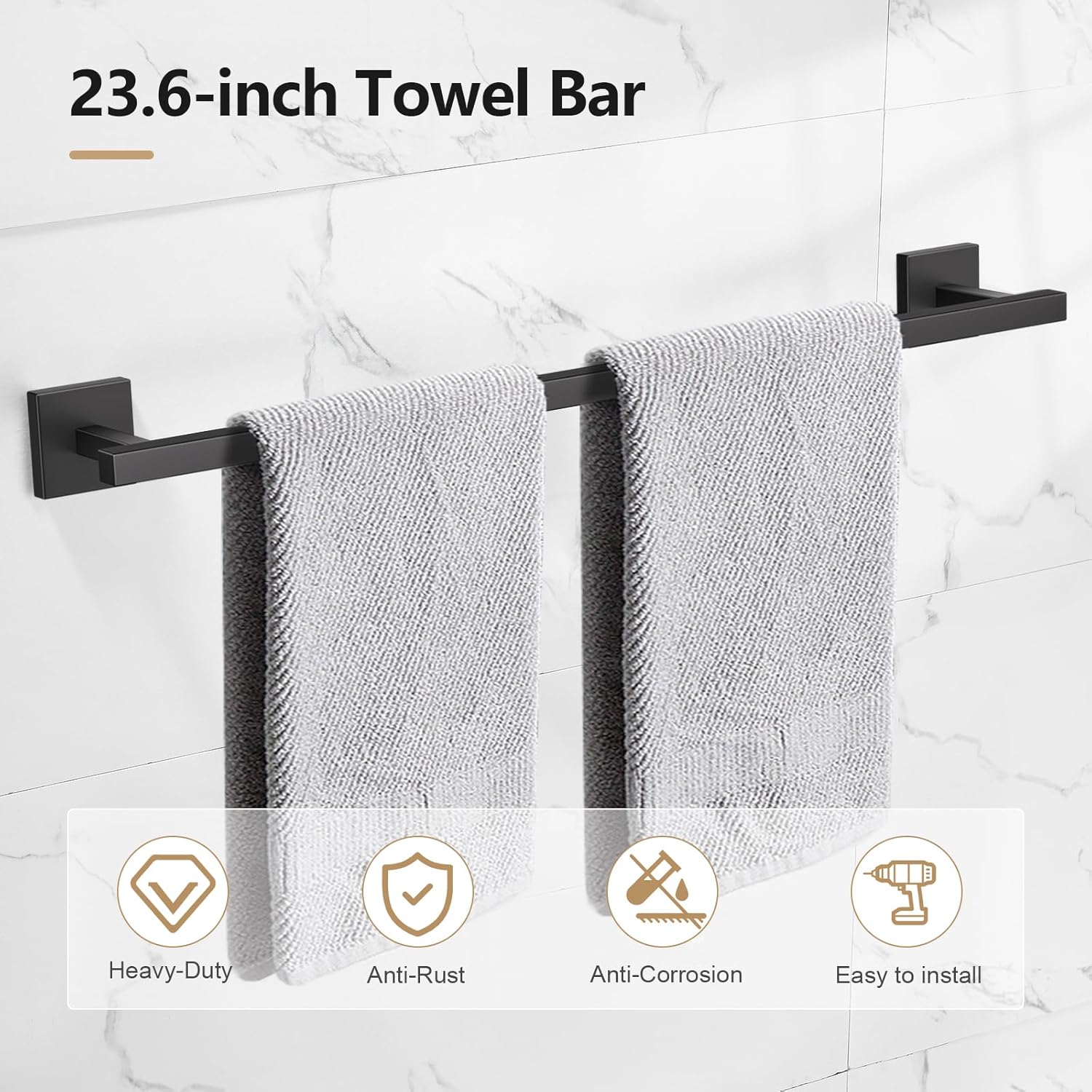 TQKAG 5-Pieces Matte Black Bathroom Hardware Accessories Set 23.6" SUS304 Stainless Steel Towel Bar Set Wall Mounted Square Toilet Paper Holder with Shelf