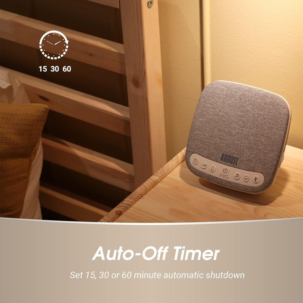 Portable White Noise Sound Machine - August SE160 - Calming, Ambient Sleep Therapy - 14 Soothing Sounds for Babies, Children, Adults - Sleep Aid with Timer - 60-Hour Battery - USB-C Charging - White