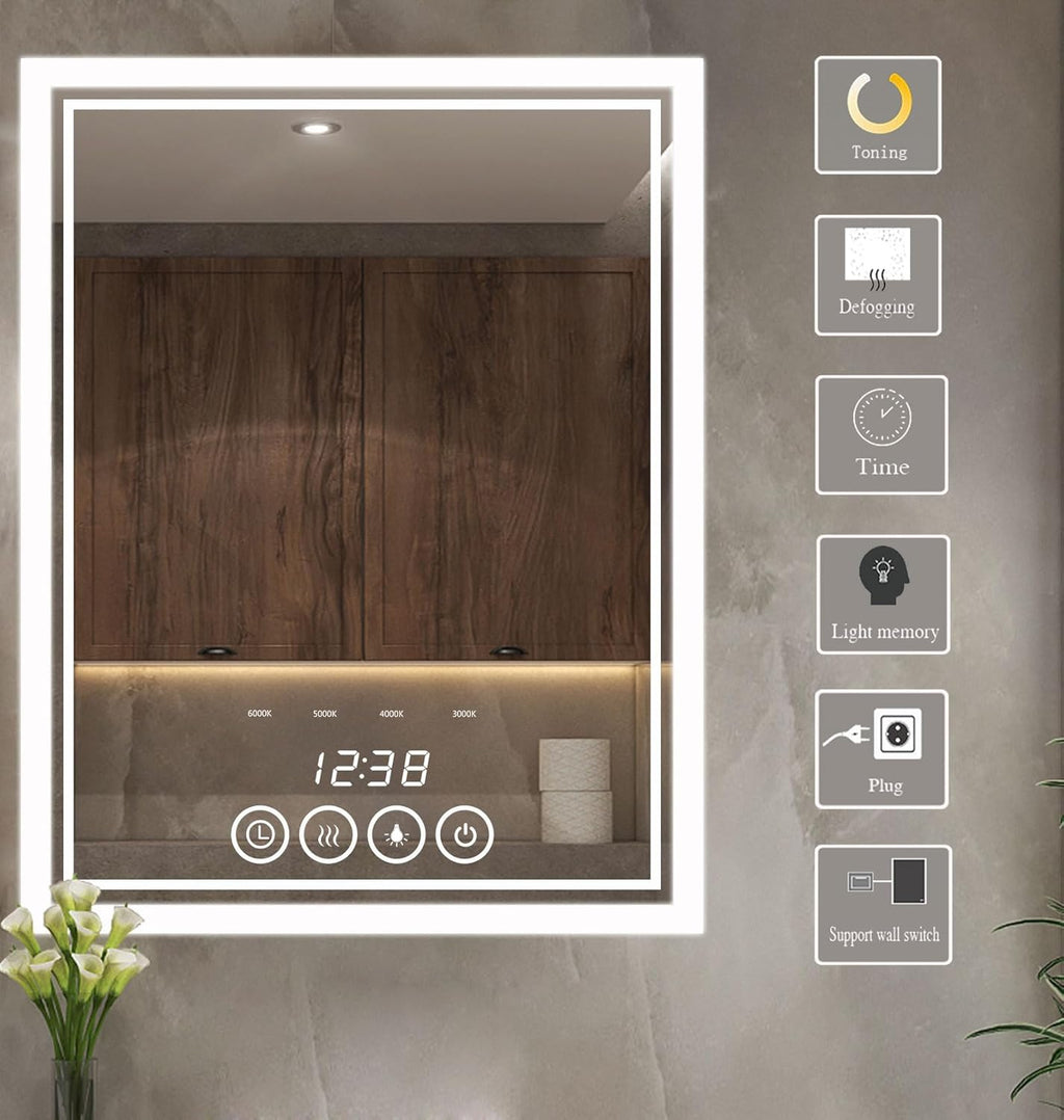24 x 32 Inch Large Bathroom Mirror with Lights for Wall Big Anti-Fog Led Lighted Wall-Mounted Vanity Mirrors Dimmable Back-lit Makeup Mirror (24" x 32")
