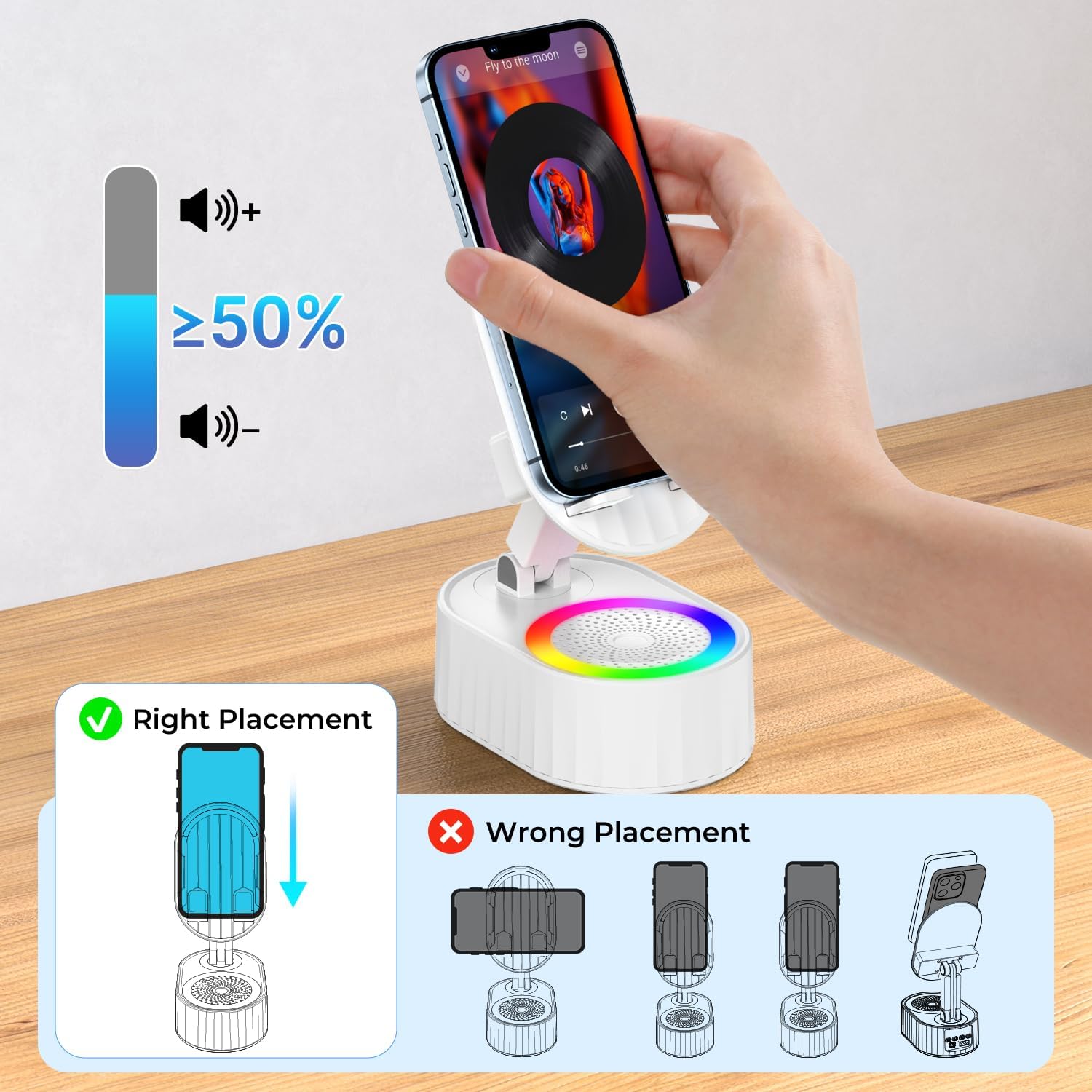 Wireless Induction Audio Bluetooth Speaker 5in1 Phone Holder Emergency Rechargeable (3000mAh) with Colorful Ambient Light 300° Foldable for Tablet iPhone Android, Gifts for Men Women (White)
