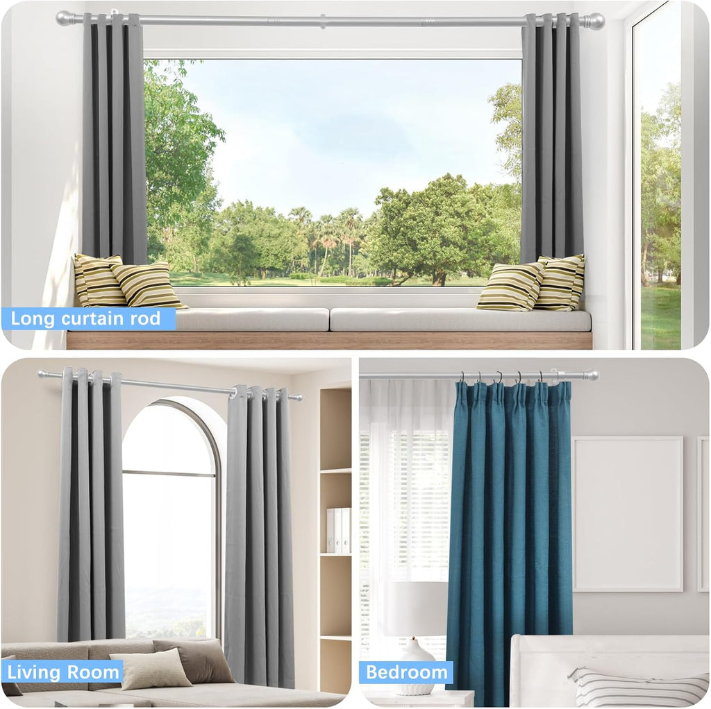 Curtain Rods for Windows 16 to 92 Inches, Curtain Rod Max Adjustable Length of 104 IN, 1" Diameter Drapery Rods Round Finials, Satin Silver, Pack of 2